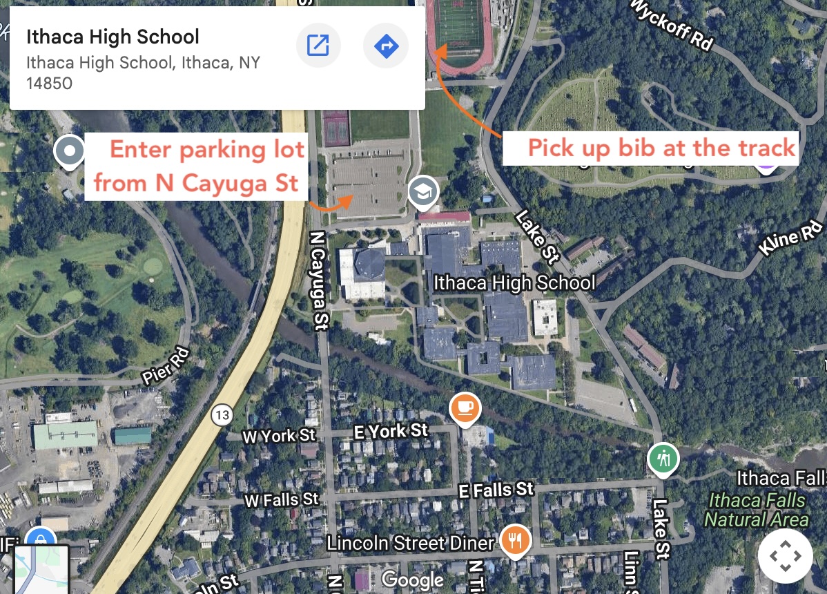 Screenshot from Google Maps of Ithaca High and surrounding area; label added to map advises entering parking lot from N. Cayuga Street